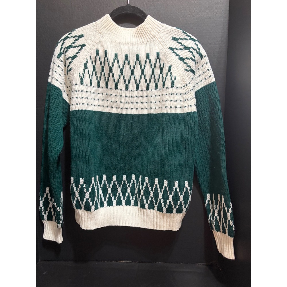 VTG Women's M Green Cream Geometric Fair Isle Knit Ski Sweater Cozy Vintage 80s